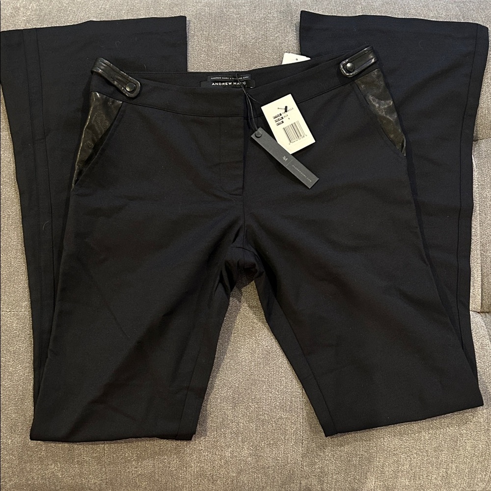Andrew Marc Black Twill Trouser Pants Leather Trim Flare Leg Size 4 NWT